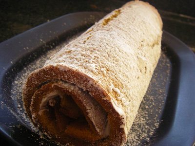Pumpkin cake roll before slicing